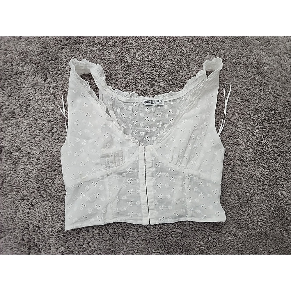 Princess Polly Crop Top Womens 6 White Eyelet Lace Embroidered V-Neck Boho